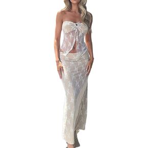 ملابس من قطعتين للنساء Y2K طقم تنورة طويلة من الدانتيل قميص قصير بدون أكمام قميص علوي عتيق بقصة ضيقة in Kuwait