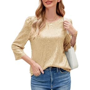 JASAMBAC 3/4 كم قطع علوية من الترتر للنساء للحفلات لامعة ومزينة ببريق لامع للحفلات بلوزة علوية منتفخة