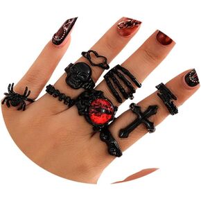 GYRMMUE Vintage Gothic Stackable Ring Set Dark Blood/Demon Eye/Spider/Cross/Snake/Skull/Bat/Heart/Mummy Finger Ring Aesthetic Chunky Knuckle Rings Adjustable Boho Rings Set Jewelry