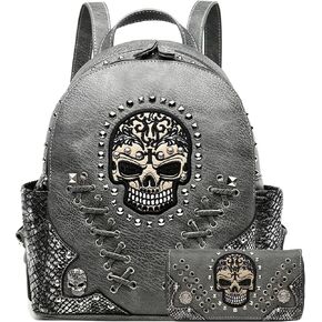 مجموعة محفظة نسائية عصرية من Cowgirl Sugar Skull Punk Art برشام لراكبي الدراجات النارية حقيبة ظهر عصرية من Python Daypack حقيبة كتف (مجموعة سوداء)، مقاس كبير