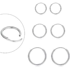 Sterling Silver Hoop Earrings for Women Men Girls, Hypoallergenic Cartilage Earring Endless Small Hoop Earrings Set, 3 Pairs Tragus Earrings (8mm/10mm/12mm)