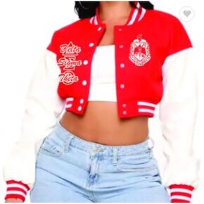 DVine 9 Designs Delta Sigma Theta Crop Varsity Jacket with High Quality Vegan Leather Sleeves | Certified Vendor in Saudi Arabia