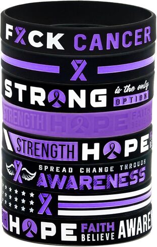 Giftphoria Purple Awareness Ribbon Cancer Bracelets, Mega Assortment (12-pack) - Pancreatic Cancer Awareness Products, Cancer Survivor Wristbands in Bulk - Wholesale Variety Pack of 12 Purple Cancer Ribbon Wristbands for Men Women in Kuwait