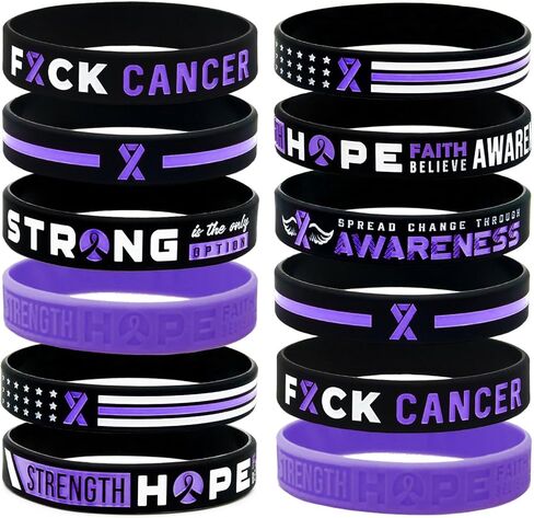 Giftphoria Purple Awareness Ribbon Cancer Bracelets, Mega Assortment (12-pack) - Pancreatic Cancer Awareness Products, Cancer Survivor Wristbands in Bulk - Wholesale Variety Pack of 12 Purple Cancer Ribbon Wristbands for Men Women in Kuwait