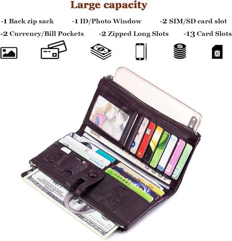 Roulens Wallet for Women RFID Blocking Genuine Leather Card Holder Zipper Coin Purse Clutch Wallet in Kuwait