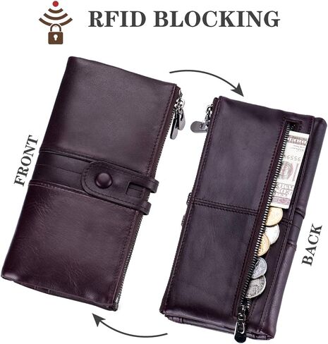 Roulens Wallet for Women RFID Blocking Genuine Leather Card Holder Zipper Coin Purse Clutch Wallet in Kuwait