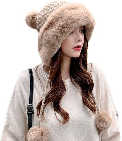 Winter Pompom Beanie Hats for Women Fluffy Knit Womens Beanie Faux Fur Crochet Skull Cap Warm Bucket Outdoor Ear Cover in Saudi Arabia