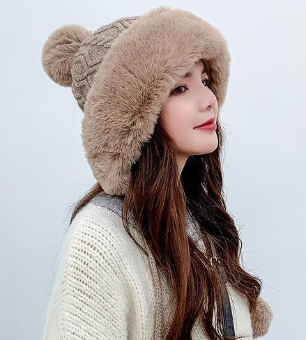 Winter Pompom Beanie Hats for Women Fluffy Knit Womens Beanie Faux Fur Crochet Skull Cap Warm Bucket Outdoor Ear Cover in Saudi Arabia