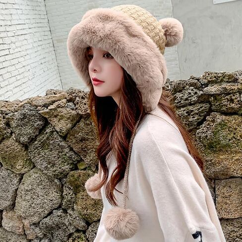 Winter Pompom Beanie Hats for Women Fluffy Knit Womens Beanie Faux Fur Crochet Skull Cap Warm Bucket Outdoor Ear Cover in Saudi Arabia
