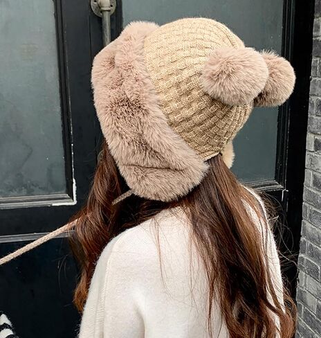 Winter Pompom Beanie Hats for Women Fluffy Knit Womens Beanie Faux Fur Crochet Skull Cap Warm Bucket Outdoor Ear Cover in Saudi Arabia