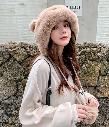Winter Pompom Beanie Hats for Women Fluffy Knit Womens Beanie Faux Fur Crochet Skull Cap Warm Bucket Outdoor Ear Cover in Saudi Arabia