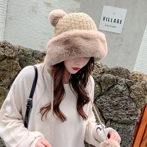 Winter Pompom Beanie Hats for Women Fluffy Knit Womens Beanie Faux Fur Crochet Skull Cap Warm Bucket Outdoor Ear Cover in Saudi Arabia