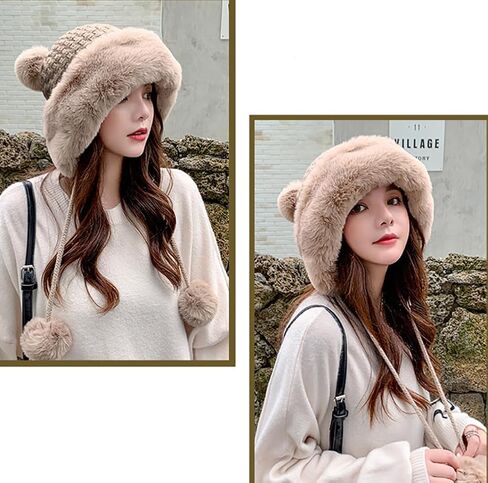 Winter Pompom Beanie Hats for Women Fluffy Knit Womens Beanie Faux Fur Crochet Skull Cap Warm Bucket Outdoor Ear Cover in Saudi Arabia