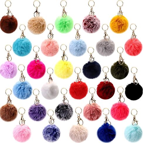 WUWEOT 30 Pack Pom Poms Keychains, 3.1'' Faux Rabbit Fur Ball Pompoms Keyring for Girls Women Car Key Hats Shoes Bags Accessories (30 colors) in Saudi Arabia