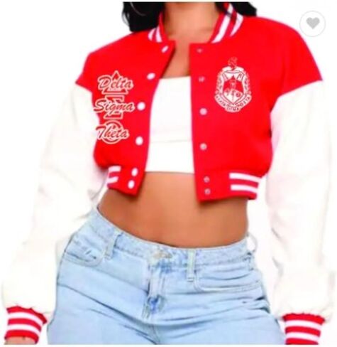 سترة DVine 9 Designs Delta Sigma Theta Crop Varsity بأكمام من الجلد النباتي عالي الجودة | بائع معتمد in Saudi Arabia