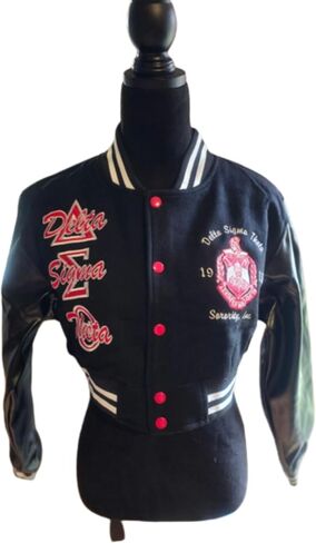 سترة DVine 9 Designs Delta Sigma Theta Crop Varsity بأكمام من الجلد النباتي عالي الجودة | بائع معتمد in Saudi Arabia