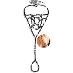 Kenjudess Gothic Metal Tassel Bracelet with Finger Ring Punk Black Silver Mesh Slave Harness Bracelet Cosplay Goth Party Hand Chain Jewelry for Women Girls