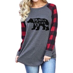 Geicyjiecy Womens Christmas Mama Bear Shirt Color Block Plaid Crewneck Pullover Sweatshirt Blouse Raglan Tunic Tops