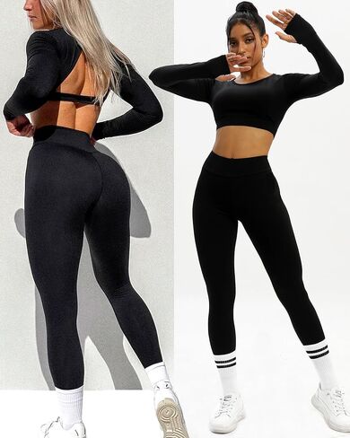 OZICERD 2 قطعة تجريب مجموعات للنساء الصالة الرياضية مجموعة طويلة الأكمام المحاصيل طماق قطعتين مطابقة تجريب وتتسابق اليوغا مجموعات in Kuwait