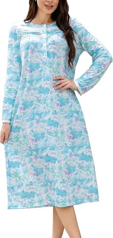 Lesserwing Long Sleeve Nightgowns for Women Soft Cotton Sleepwear Full Length Comfy Loungewear with Pockets in Saudi Arabia