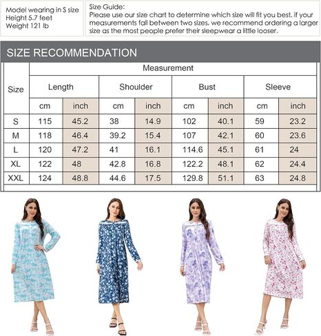 Lesserwing Long Sleeve Nightgowns for Women Soft Cotton Sleepwear Full Length Comfy Loungewear with Pockets in Saudi Arabia