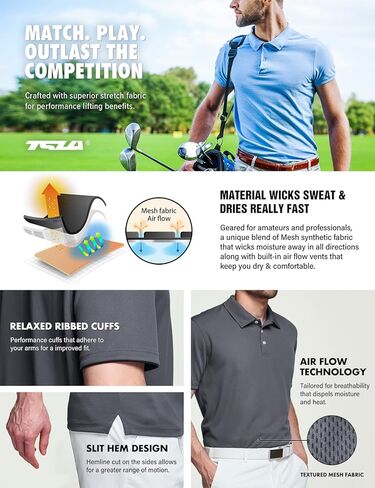 قمصان بولو بأكمام قصيرة للرجال من TSLA، قمصان جولف ذات مقاس عادي وسريع الجفاف، قمصان علوية صلبة ذات أداء رياضي Dri Flex Tech in Kuwait