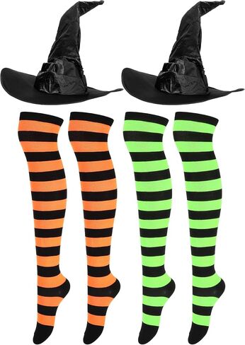 Handepo 2 Sets Halloween Witch Costume Include 2 Pair Thigh High Socks Striped Knee Socks 2 Pcs Halloween Witch Hats Large Ruched Halloween Costume Accessory for Women Party Supplies in Saudi Arabia