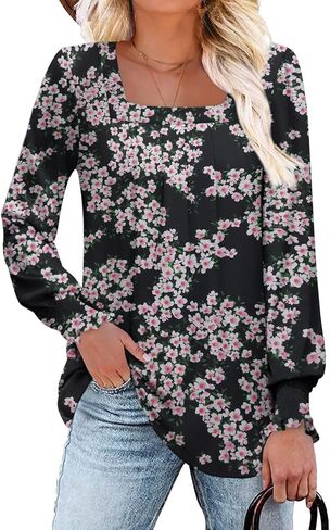 قمصان RUBZOOF بأكمام طويلة للنساء ورقبة مربعة وأكمام منتفخة أمامية كاجوال للخريف in Kuwait