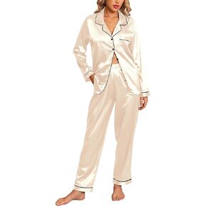 Anjue Silk Satin Pajamas Set Women's Long Sleeve Sleepwear Soft Pjs Set Two Piece Button Down Pj Set with Pockets S-XXL