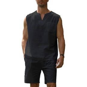 SOYOLIY Mens Linen Outfits 2 Piece Mucle Sleeveless Shirts Shorts Sets Summer Walking Suits Beach Wear Casual Clothes