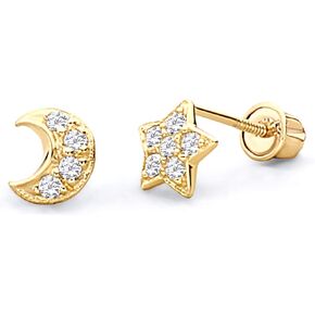 14k Yellow OR White Gold Star & Moon Stud Earrings with Screw Back