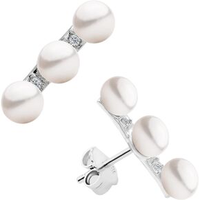 Women Pearl Stud Earrings with Three Fresh Water Cultured Pearls Button Shape 4 - 5 mm and Three Cubic Zirconia Stones by Secret & You | Sterling Silver 925 Mounts with big nuts.
