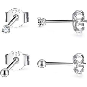 Sterling Silver Stud Earrings for Women- 2 Pairs of Small Cartilage Tragus Stud Earrings Set, 2mm Tiny Cubic Zirconia Earrings Round Ball Earrings & Pearl Earrings