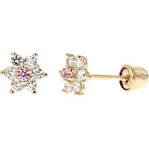 Ritastephens 14k Yellow Gold Cubic Zirconia Mini Flower Screw Back Stud Earrings (Pink or White Flower)