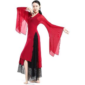 Women's Sheer Flowy Hanfu Top Flared Sleeve Wrap Front Side Split See Through Long Robe Chinese Classical Dance Wear