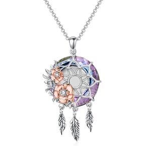 MBSUUH Dream Catcher Crystal Pendant Flower Urn Necklace Jewelry 925 Sterling Silver Keepsake Cremation Necklaces for Human Pet Ashes for Women