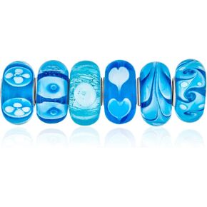 Bling Jewelry Mixed Set Of Bundle .925 Sterling Silver Core Translucent Shades White Blue Green 3D Flower Floral Murano Glass Swirl Charm Bead Spacer Fits European Bracelet For Women Teen