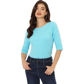 Allegra K Women Elbow Sleeves Round Neck Slim Fit Tee in Kuwait