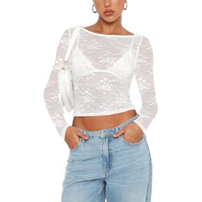 TDY-YYDS المرأة Y2k كم طويل دانتيل شفاف بلايز سليم صالح انظر من خلال شبكة المحاصيل الخروج قميص منظور مثير in Kuwait