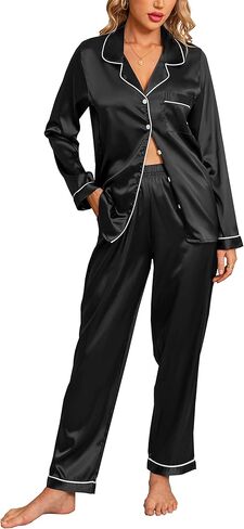 Anjue Silk Satin Pajamas Set Women's Long Sleeve Sleepwear Soft Pjs Set Two Piece Button Down Pj Set with Pockets S-XXL in Saudi Arabia