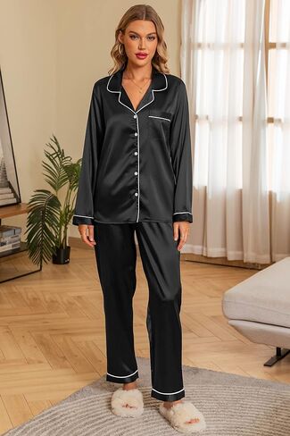 Anjue Silk Satin Pajamas Set Women's Long Sleeve Sleepwear Soft Pjs Set Two Piece Button Down Pj Set with Pockets S-XXL in Saudi Arabia