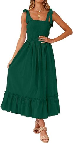 Tobrief Women's Boho Dress Summer Spaghetti Strap Square Neck Flowy Ruffle Beach Long Maxi Dress in Saudi Arabia