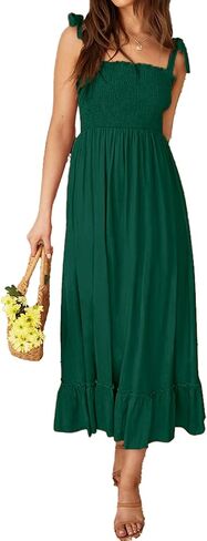 Tobrief Women's Boho Dress Summer Spaghetti Strap Square Neck Flowy Ruffle Beach Long Maxi Dress in Saudi Arabia