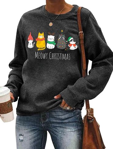 Christmas Sweatshirts for Women Cute Cat Shirts Ugly Christmas Shirt Funny Xmas Long Sleeve Holiday Pullover Tops in Saudi Arabia