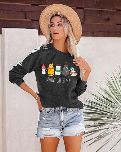 Christmas Sweatshirts for Women Cute Cat Shirts Ugly Christmas Shirt Funny Xmas Long Sleeve Holiday Pullover Tops in Saudi Arabia