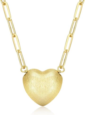 KWWLOTEE Puffy Heart Necklace 14K Gold Plated on Stainless Steel Paper Clip Chain | Shinny Or Brushed Finish Cute Heart Necklaces Gifts for Women Teen Girls 16 + 2 inches… in Saudi Arabia