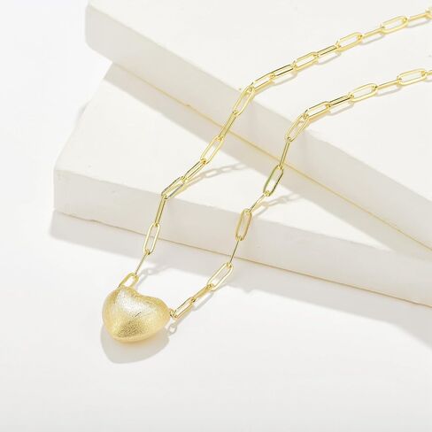 KWWLOTEE Puffy Heart Necklace 14K Gold Plated on Stainless Steel Paper Clip Chain | Shinny Or Brushed Finish Cute Heart Necklaces Gifts for Women Teen Girls 16 + 2 inches… in Saudi Arabia