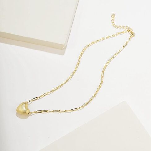 KWWLOTEE Puffy Heart Necklace 14K Gold Plated on Stainless Steel Paper Clip Chain | Shinny Or Brushed Finish Cute Heart Necklaces Gifts for Women Teen Girls 16 + 2 inches… in Saudi Arabia