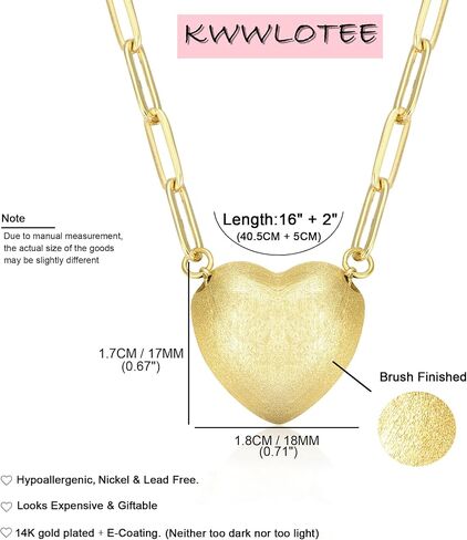 KWWLOTEE Puffy Heart Necklace 14K Gold Plated on Stainless Steel Paper Clip Chain | Shinny Or Brushed Finish Cute Heart Necklaces Gifts for Women Teen Girls 16 + 2 inches… in Saudi Arabia