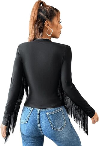 SweatyRocks Women's Fringe Tassel Long Sleeve High Neck T Shirt Tassel Trim Fitted Tee Top in Saudi Arabia